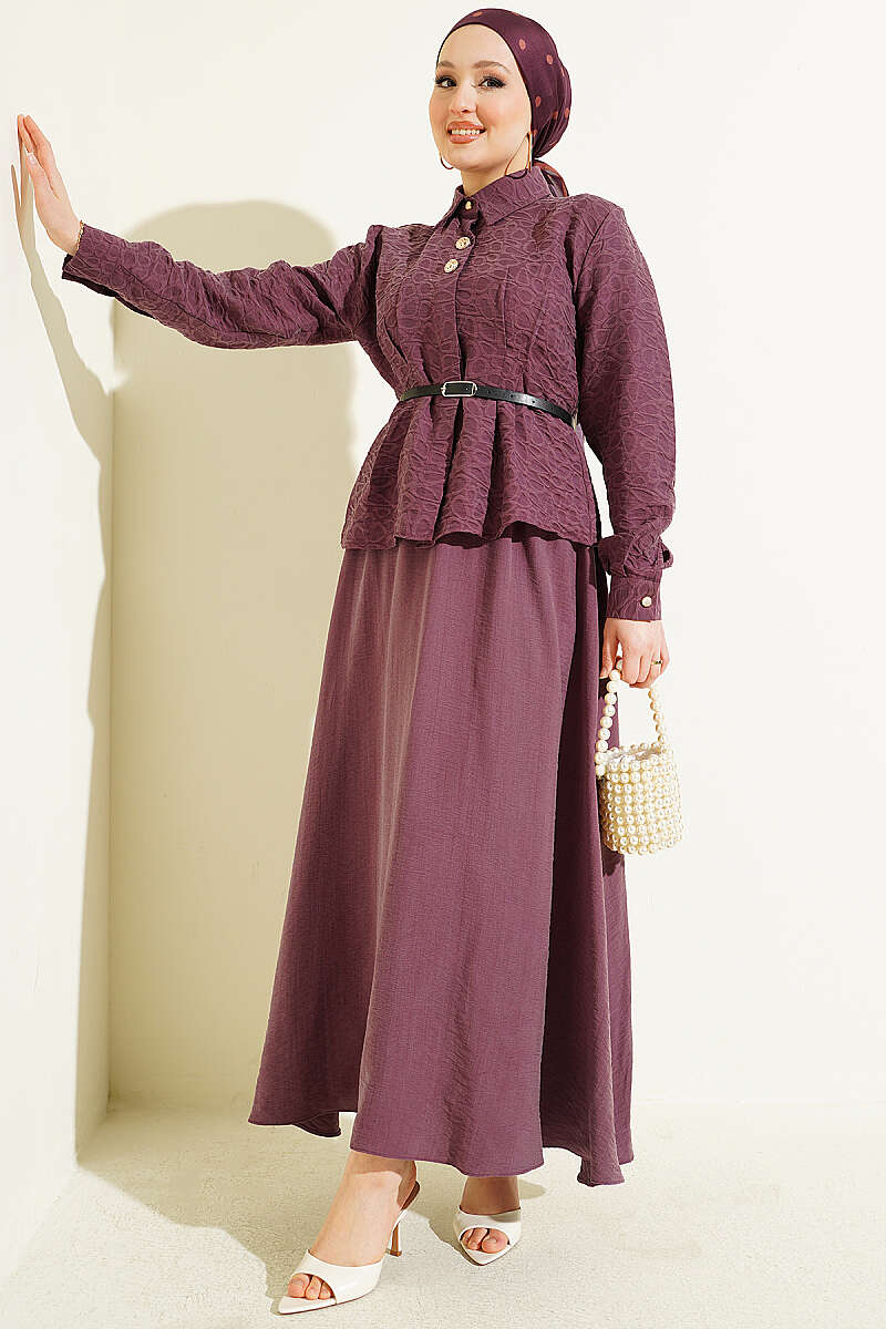 Belted Self-Pattern Tencel Skirt Set - Plum