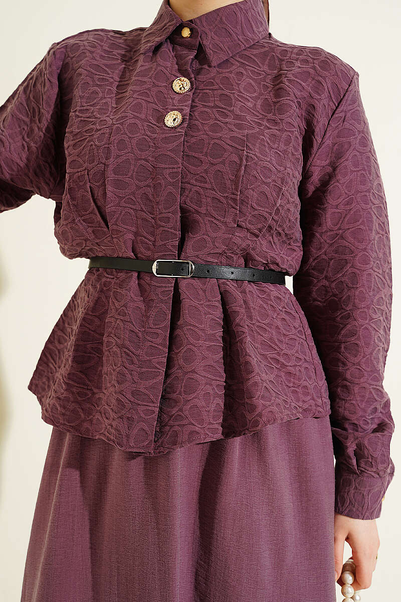 Belted Self-Pattern Tencel Skirt Set - Plum