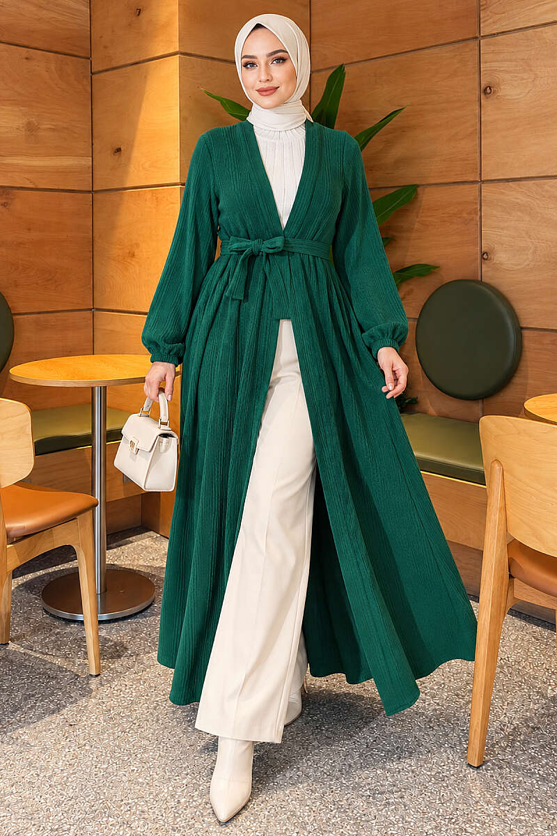 Self-Pattern Knit Cape - Green