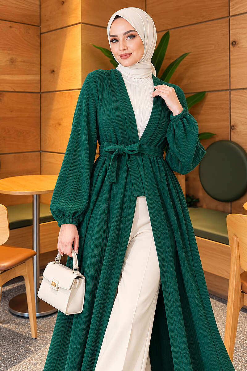 Self-Pattern Knit Cape - Green