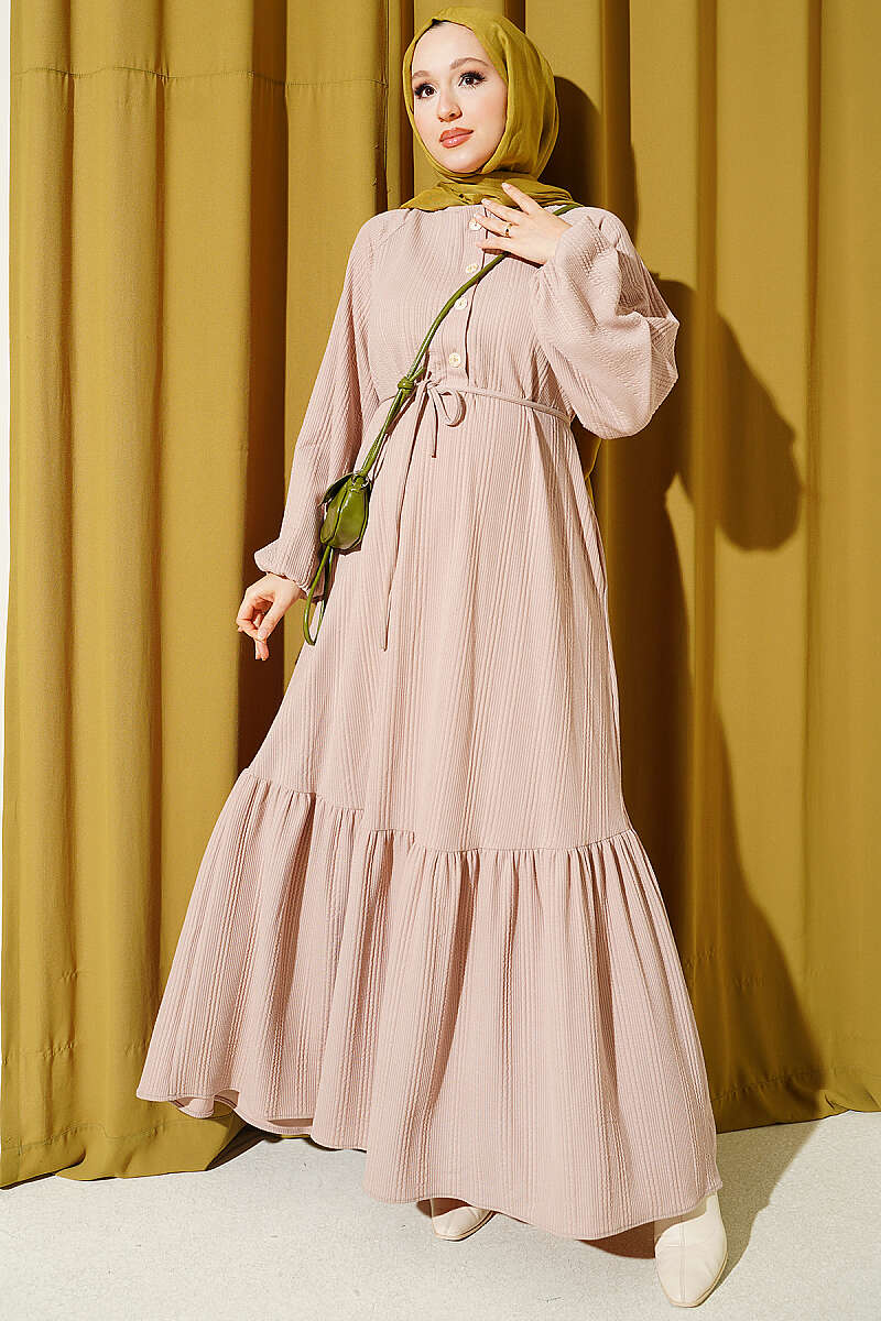 Self-Pattern Raglan-Sleeve Dress - Beige