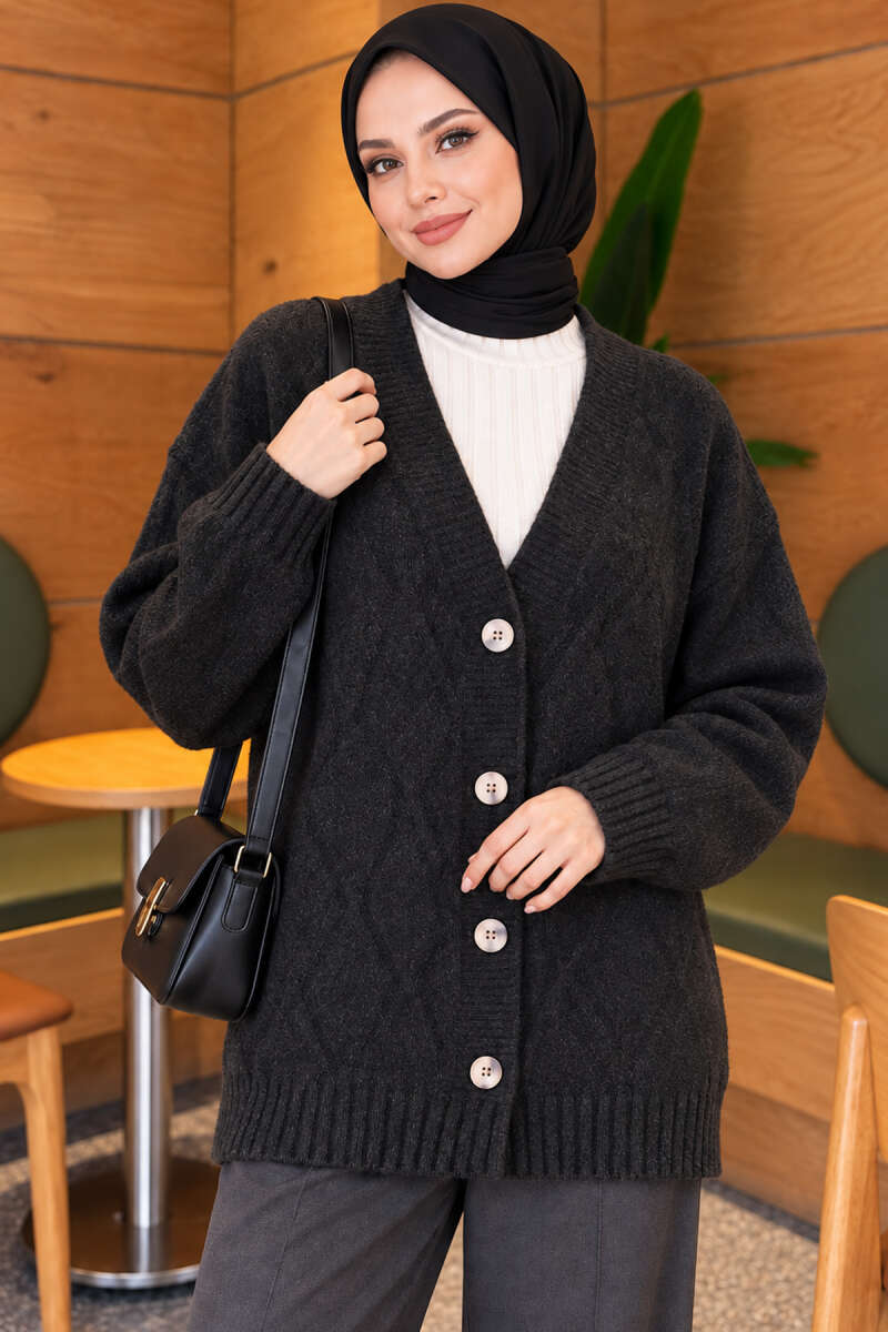 Self-Pattern Knit Cardigan - Charcoal