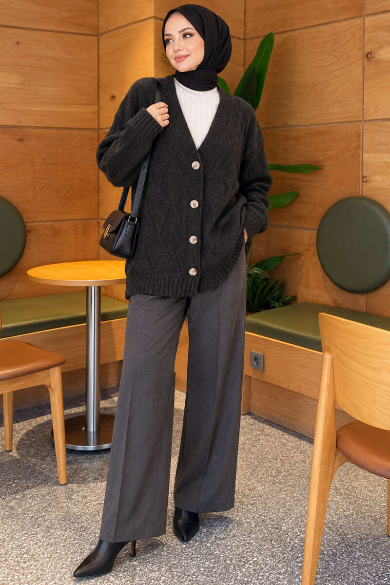 Self-Pattern Knit Cardigan - Charcoal