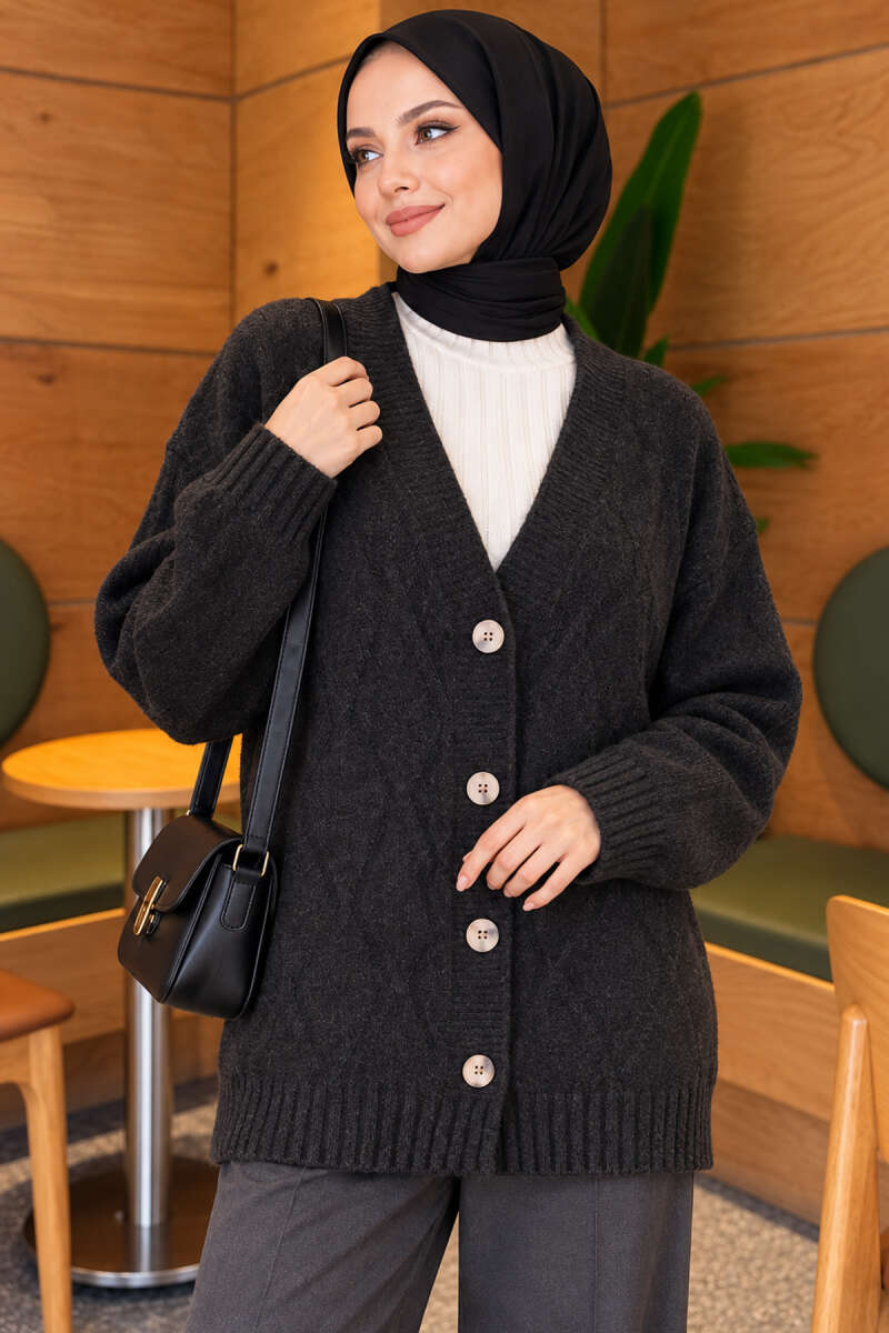Self-Pattern Knit Cardigan - Charcoal