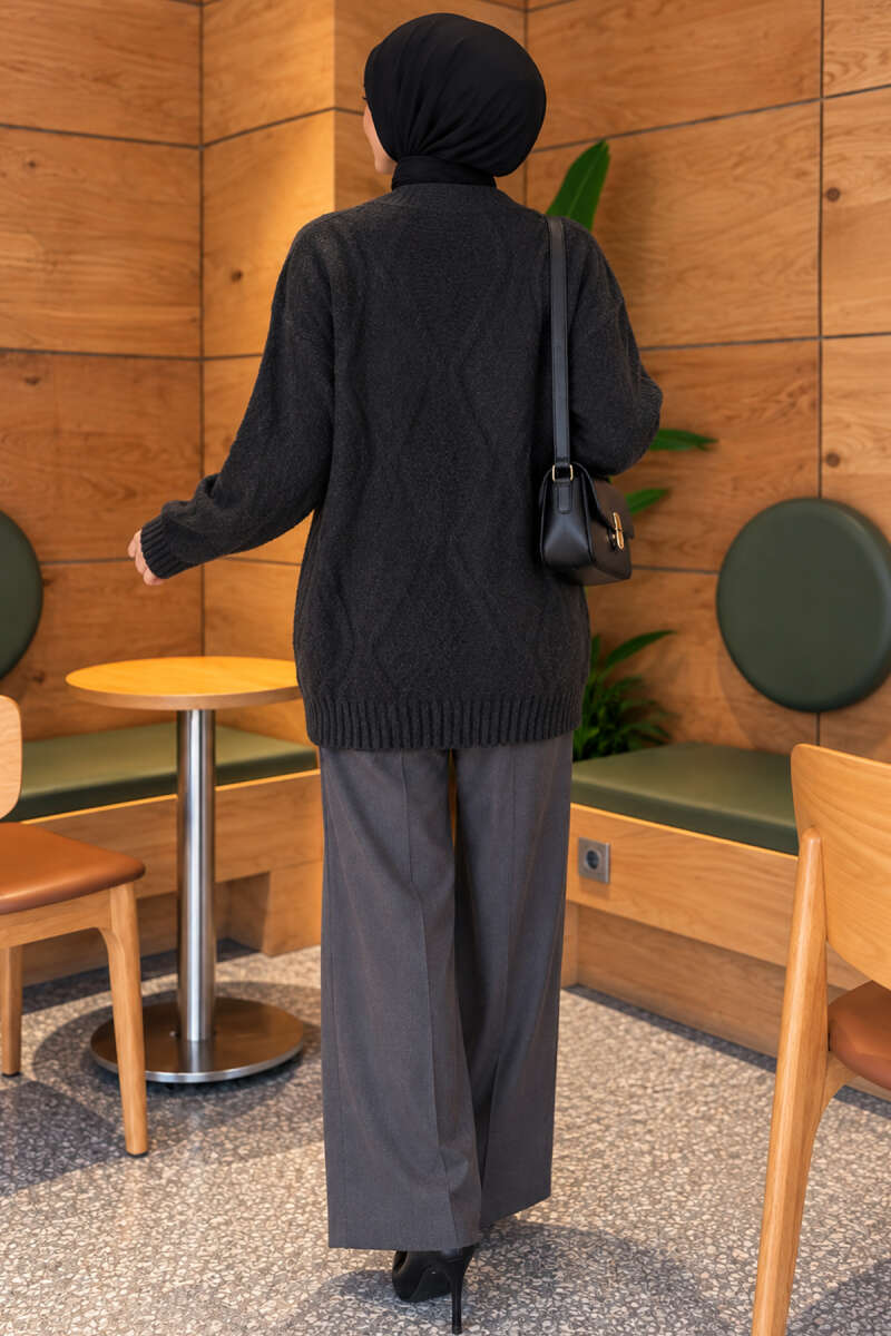 Self-Pattern Knit Cardigan - Charcoal