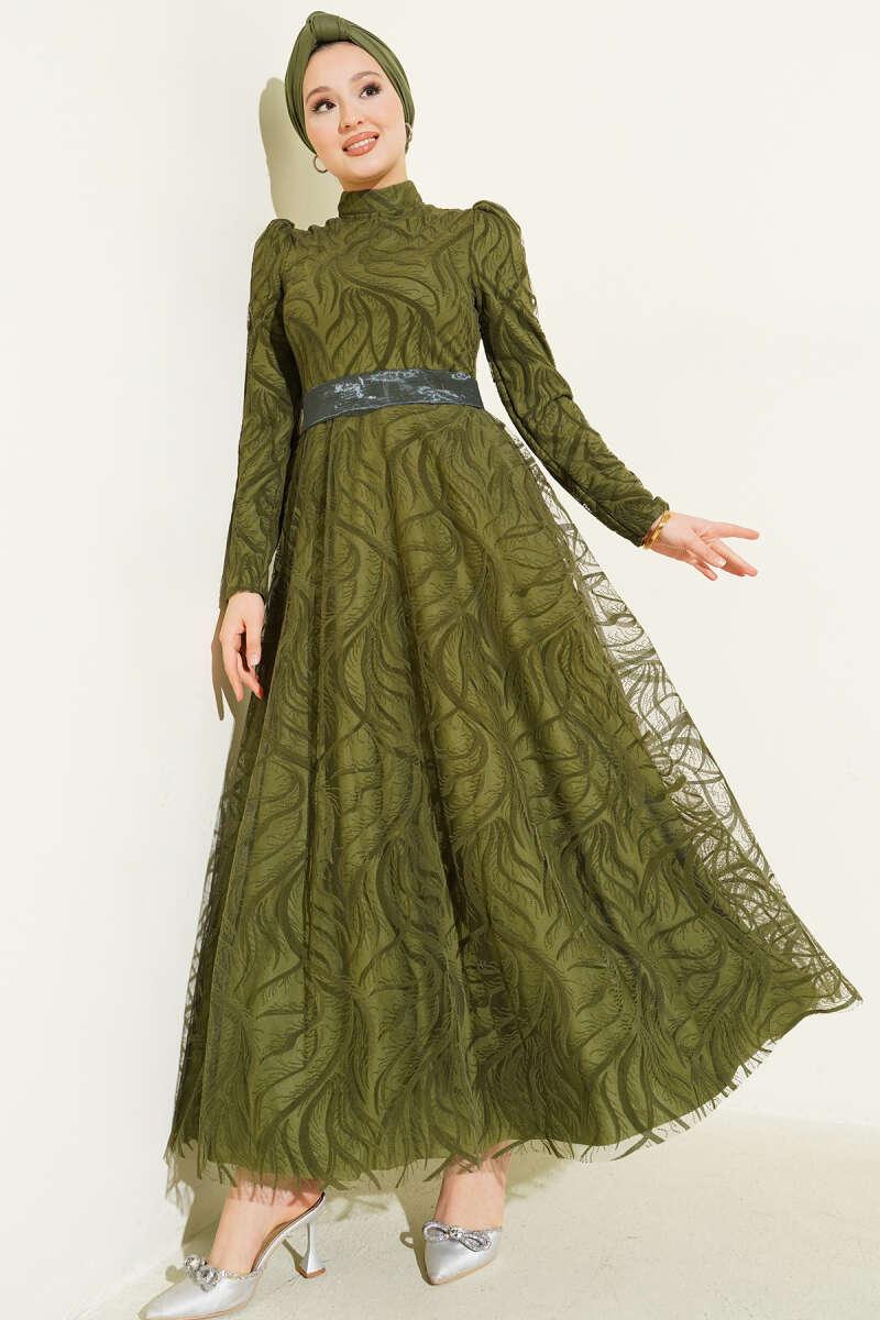 Self-Pattern Evening Dress with Tulle Belt - Khaki