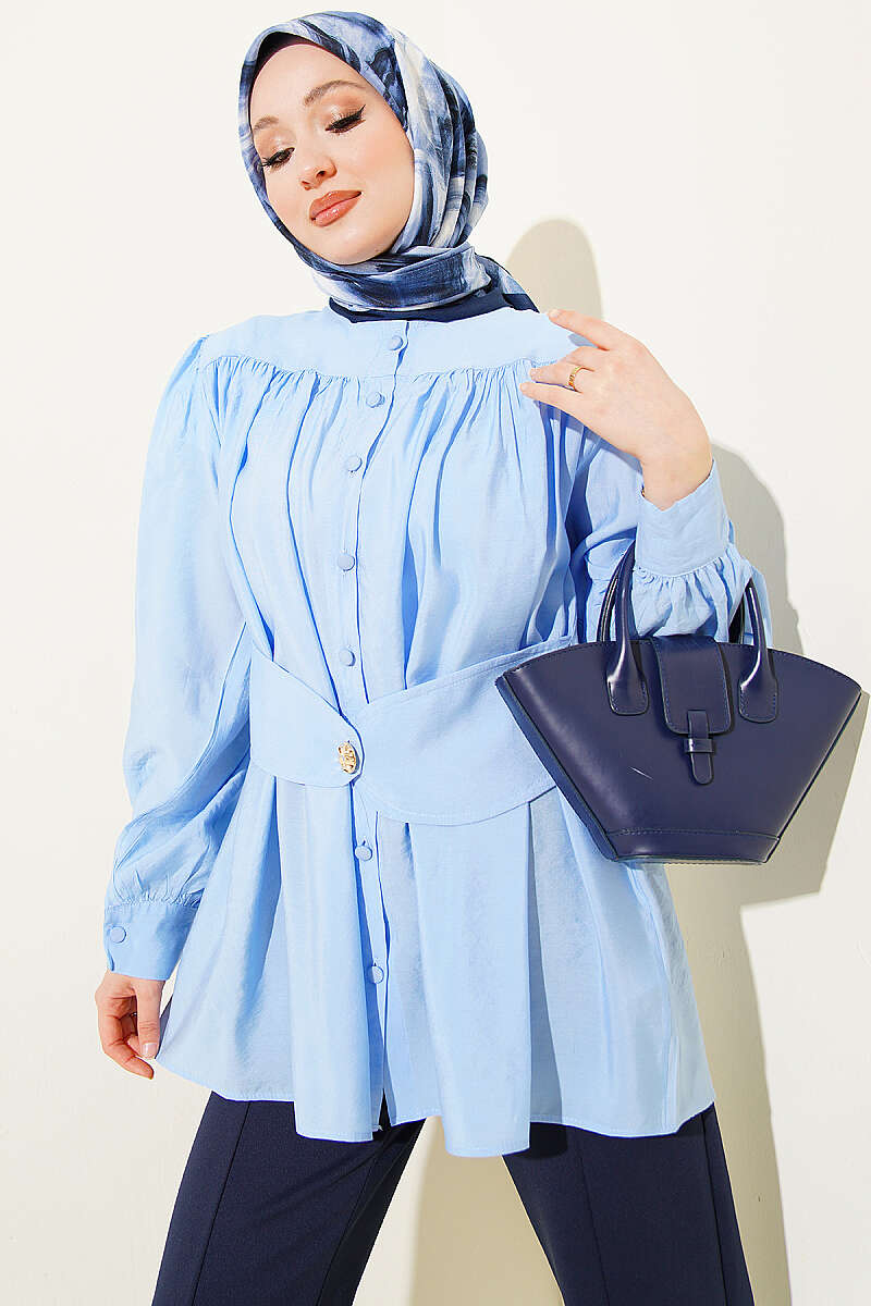 Shirt with Self-Belt Detail - Blue