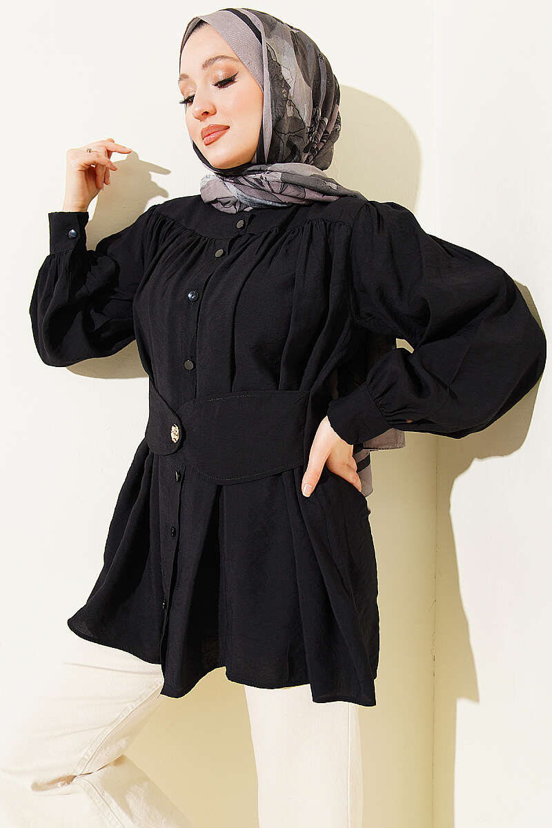 Shirt with Self-Belt Detail - Black