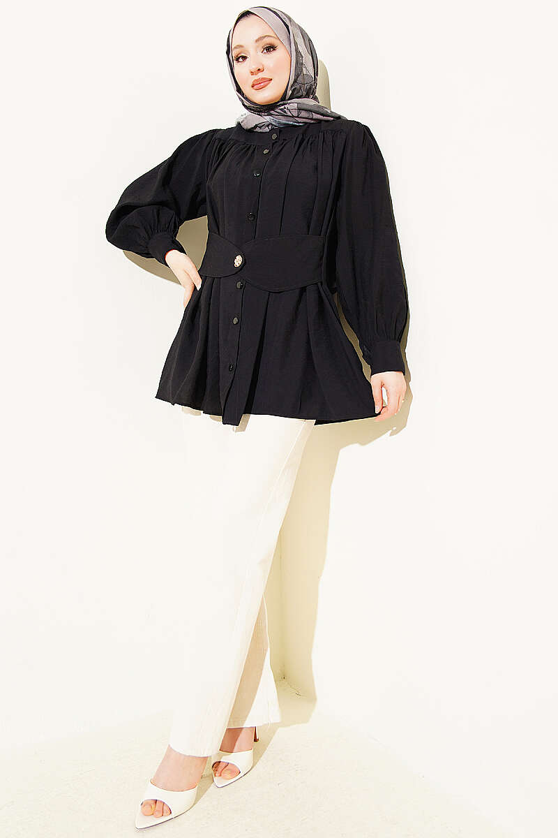 Shirt with Self-Belt Detail - Black