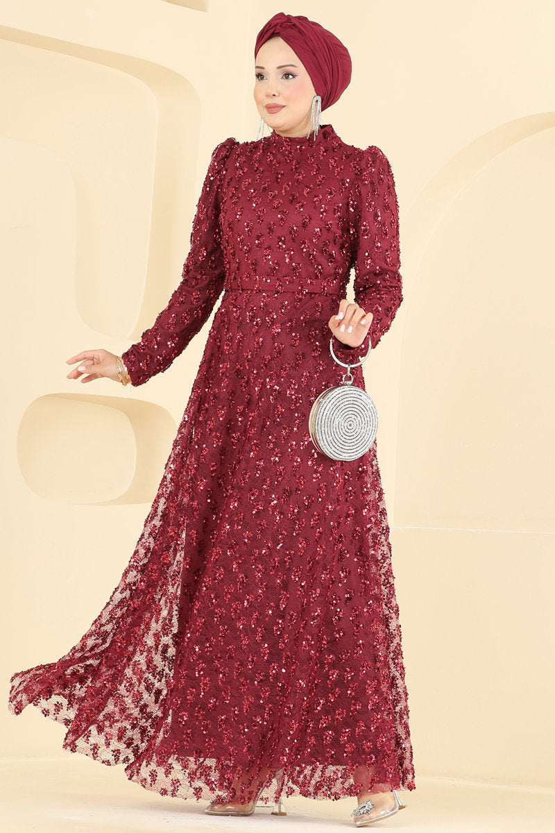 Sequin Evening Dress with Self Belt - Burgundy