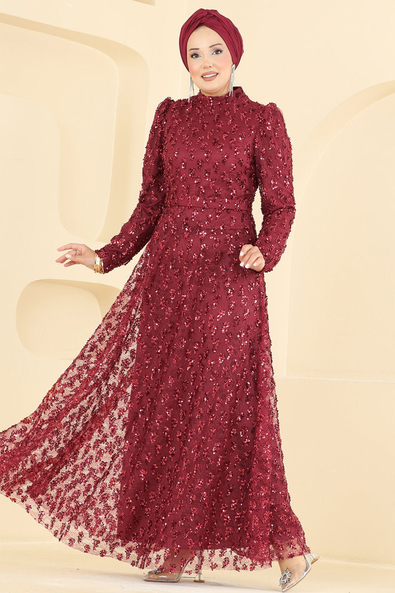 Sequin Evening Dress with Self Belt - Burgundy
