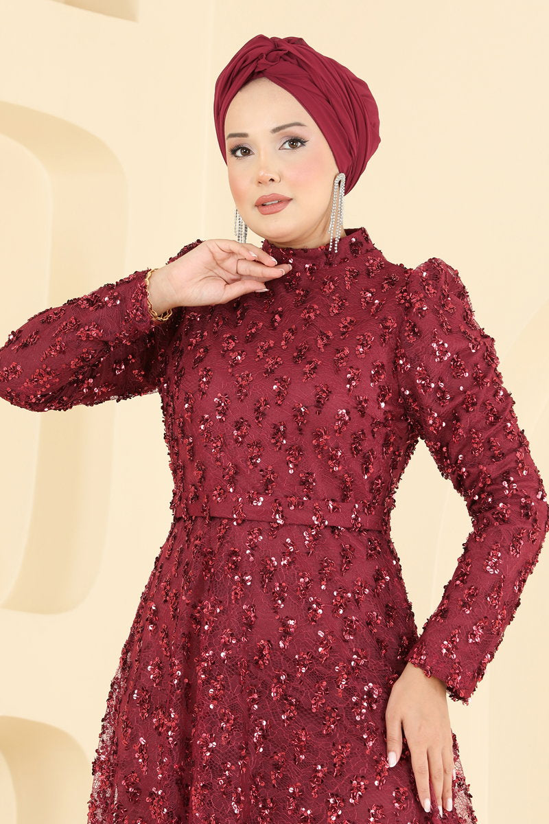 Sequin Evening Dress with Self Belt - Burgundy