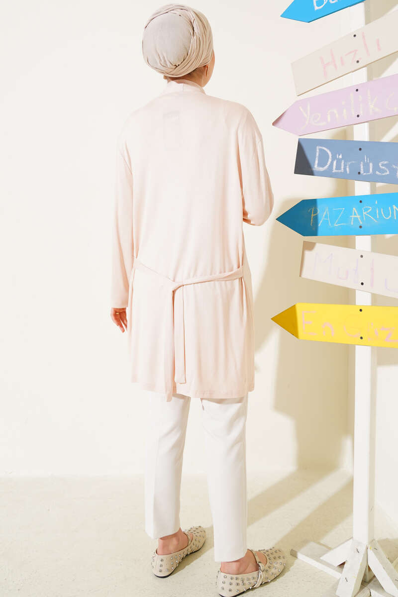 Basic Cardigan with Self Belt - Beige