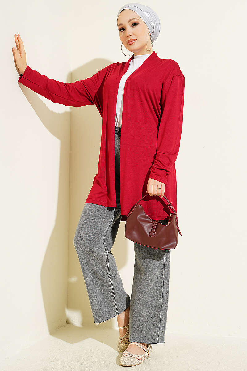 Basic Cardigan with Self Belt - Burgundy