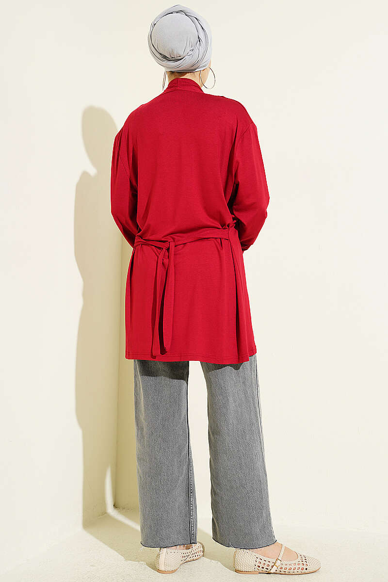 Basic Cardigan with Self Belt - Burgundy