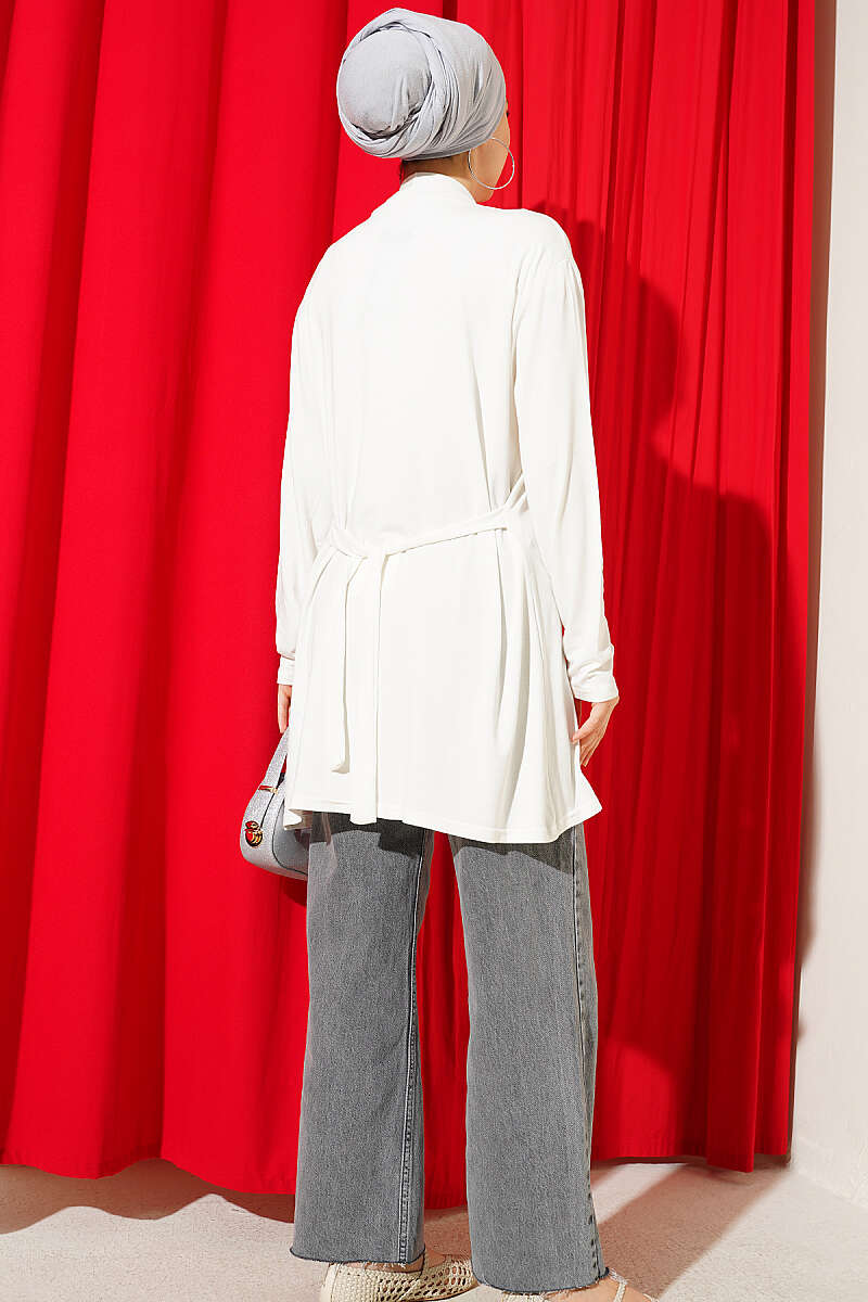 Basic Cardigan with Self Belt - Ecru