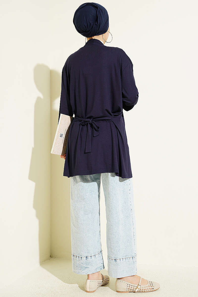 Basic Cardigan with Self Belt - Navy