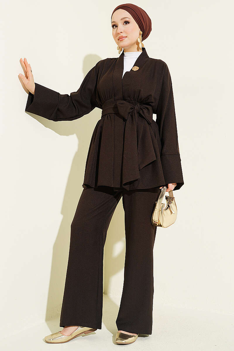 Kimono Two-Piece Set with Self Belt - Dark Brown