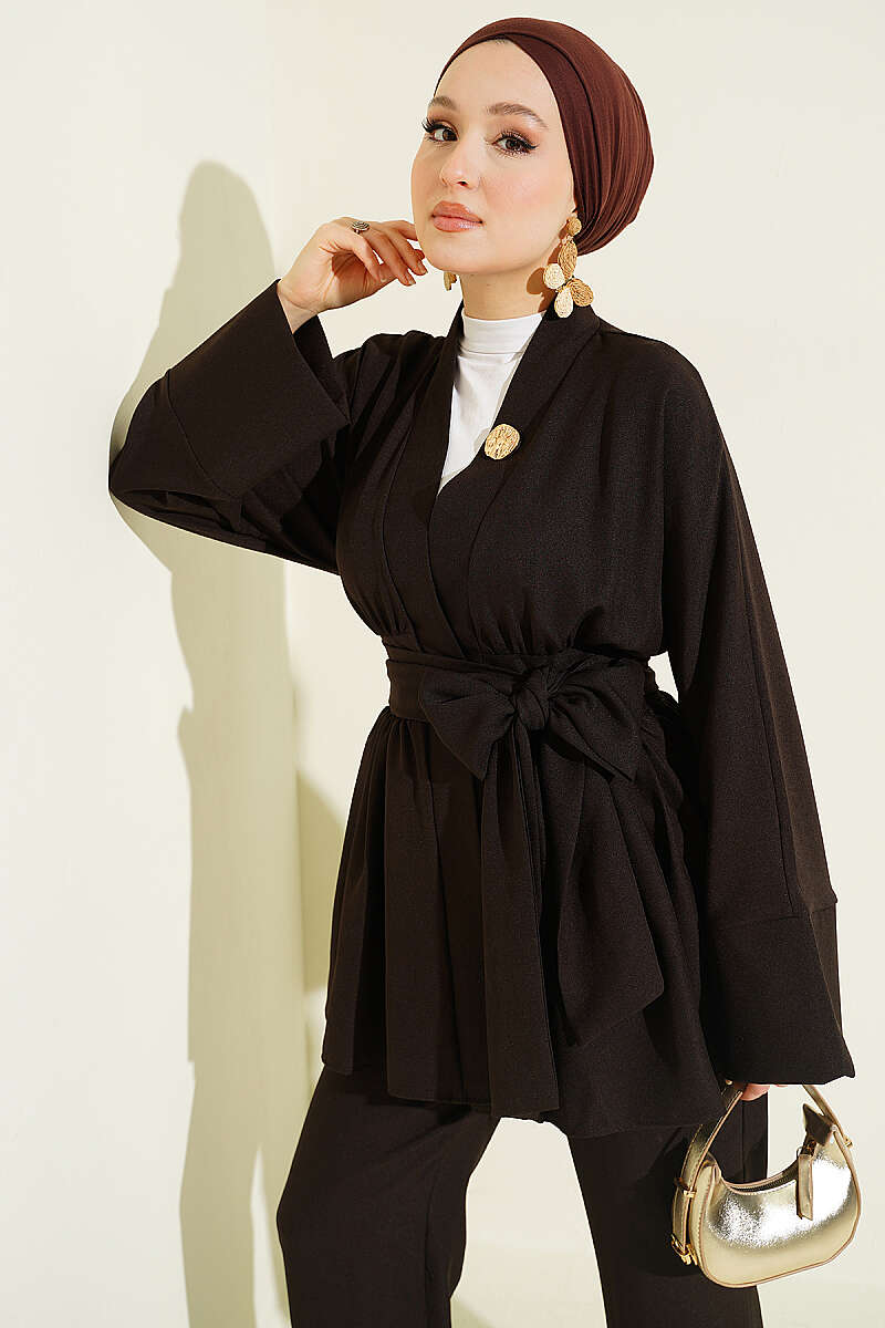 Kimono Two-Piece Set with Self Belt - Dark Brown