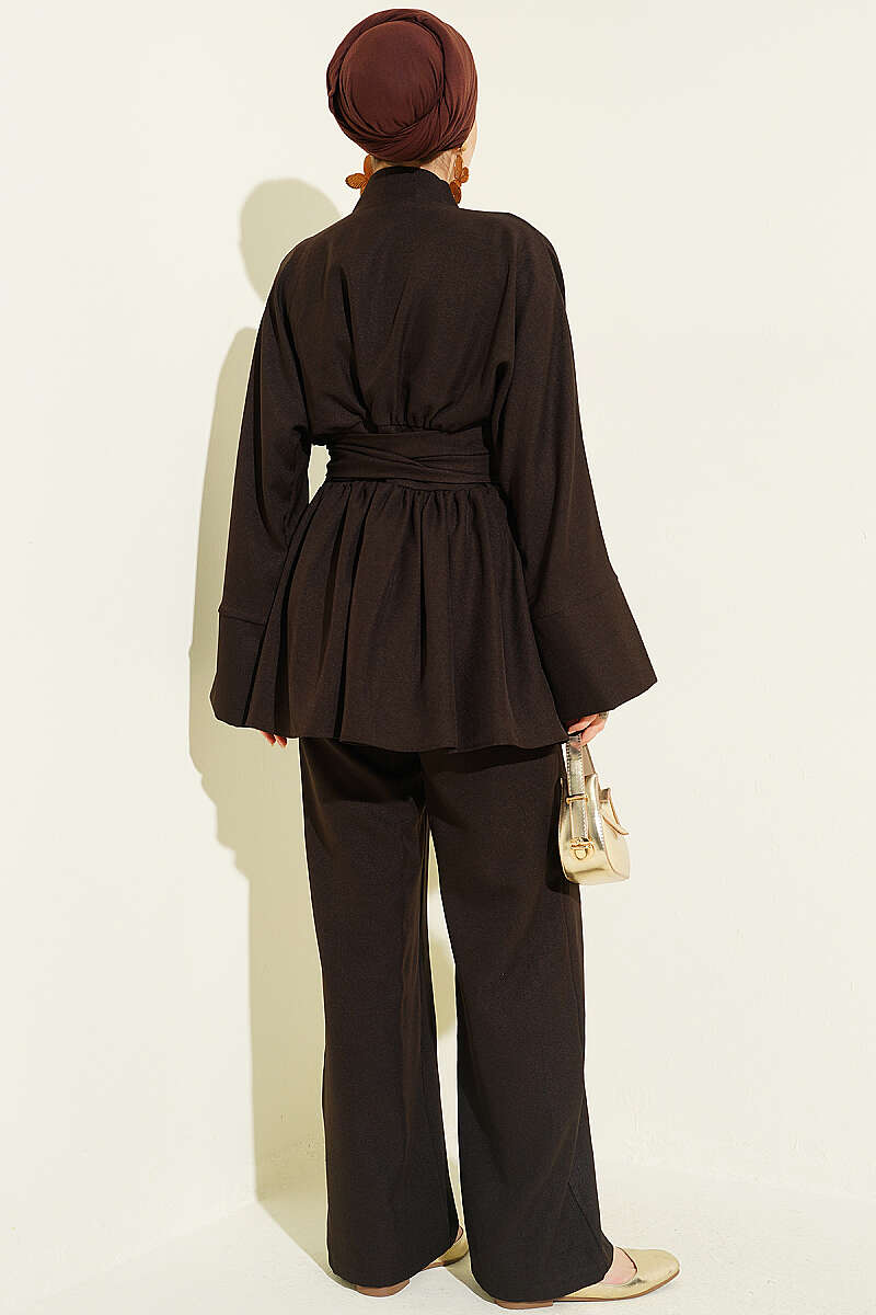 Kimono Two-Piece Set with Self Belt - Dark Brown