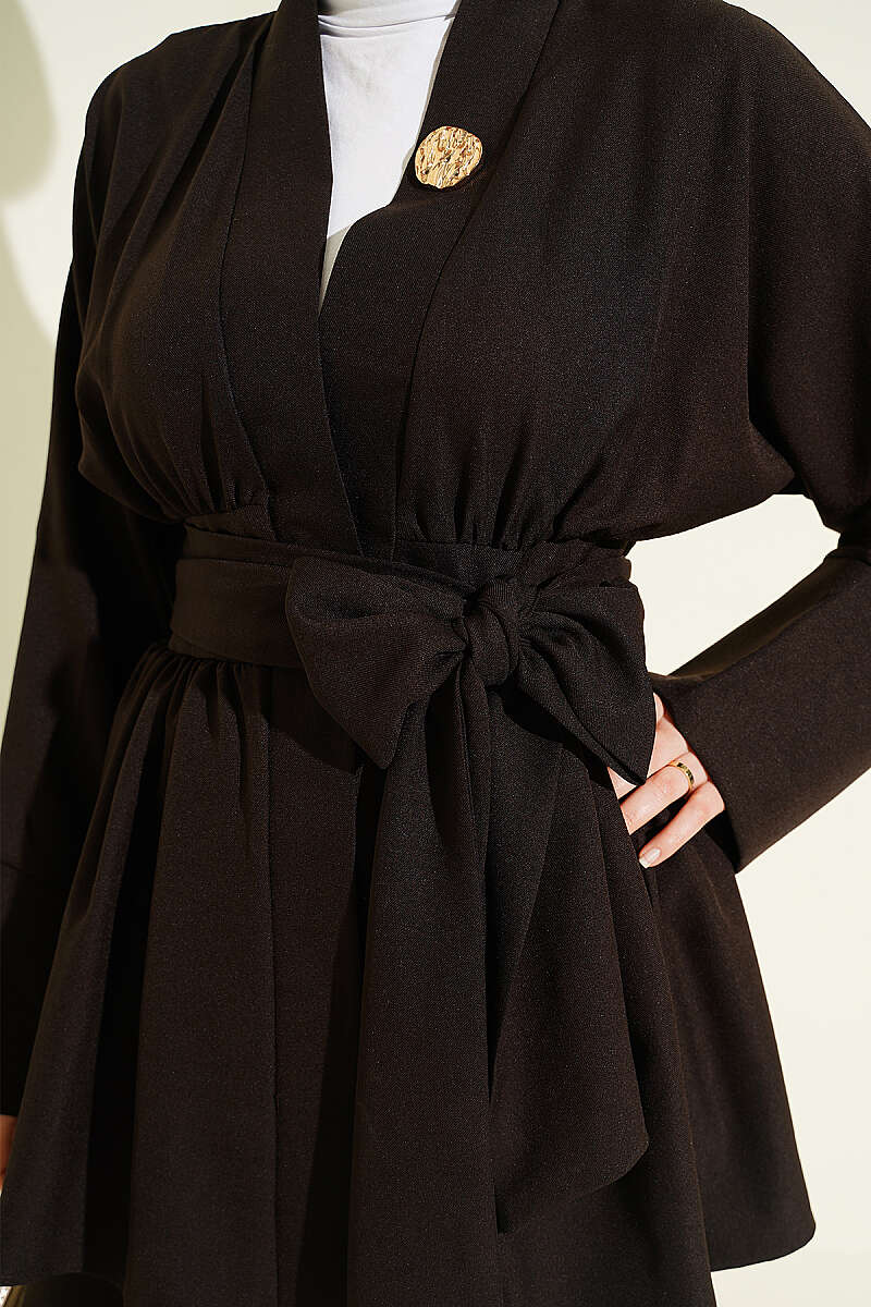 Kimono Two-Piece Set with Self Belt - Dark Brown