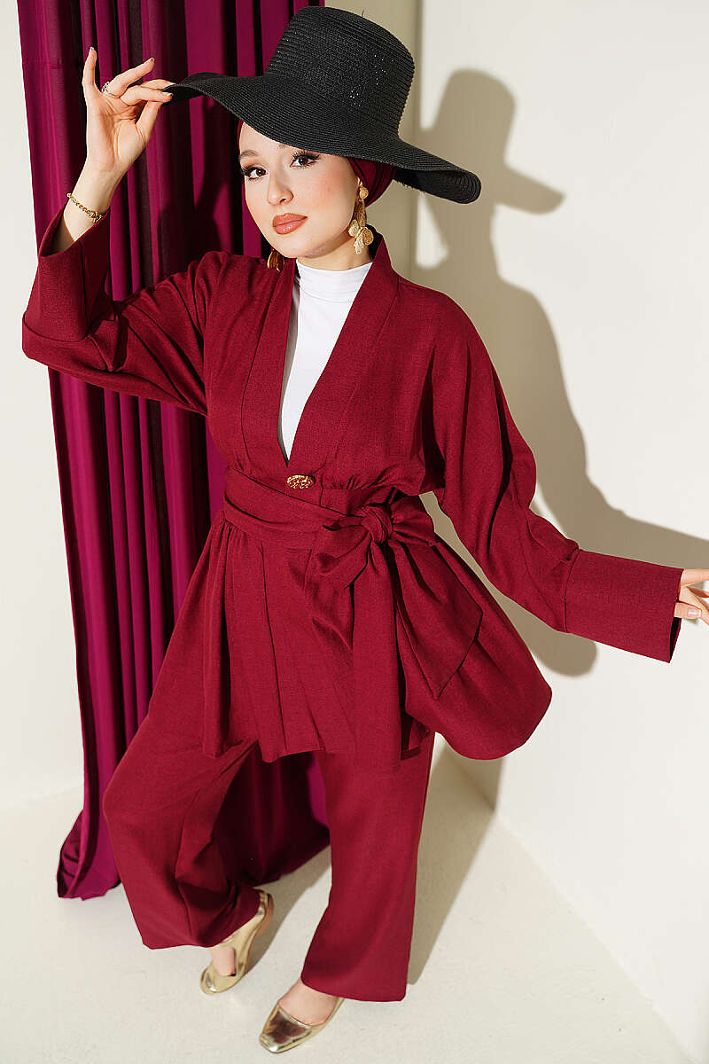 Kimono Two-Piece Set with Self Belt - Burgundy