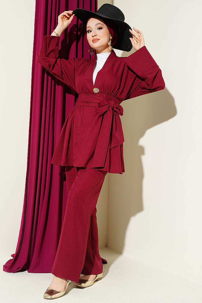 Kimono Two-Piece Set with Self Belt - Burgundy