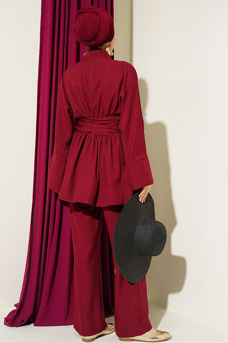 Kimono Two-Piece Set with Self Belt - Burgundy