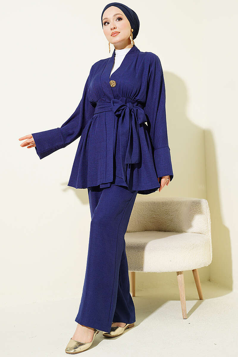 Kimono Two-Piece Set with Self Belt - Navy