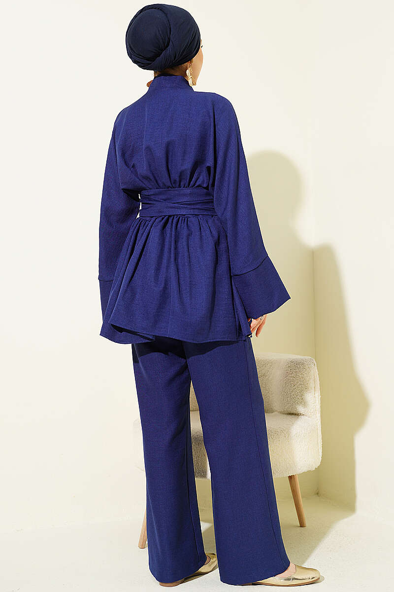 Kimono Two-Piece Set with Self Belt - Navy