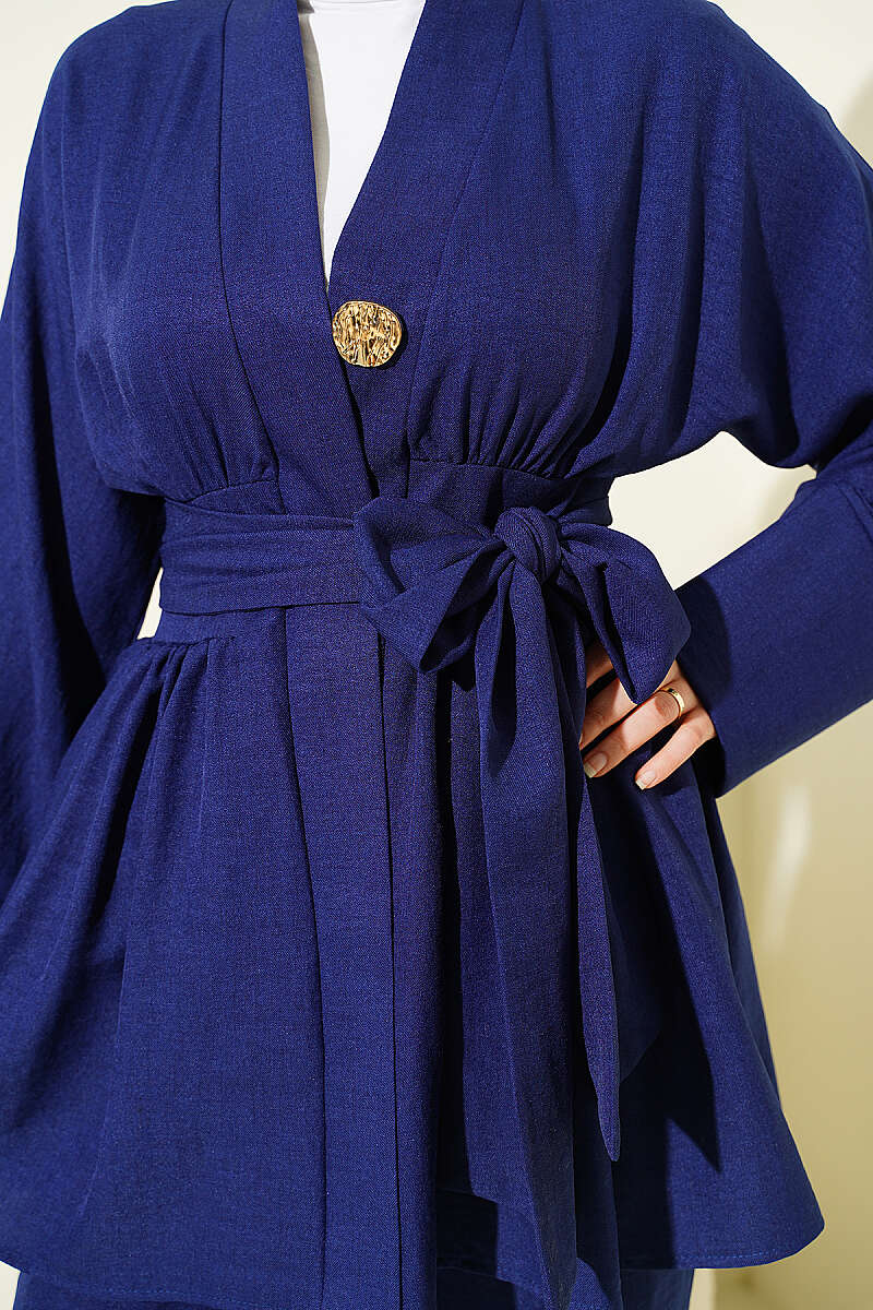 Kimono Two-Piece Set with Self Belt - Navy