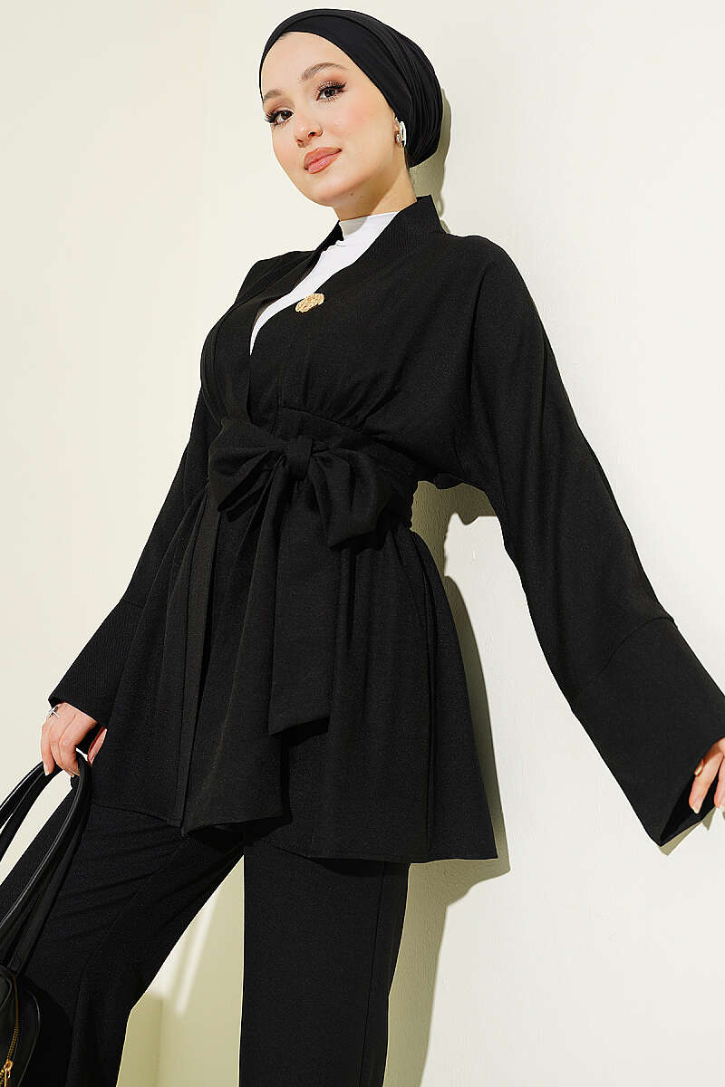 Kimono Two-Piece Set with Self Belt - Black
