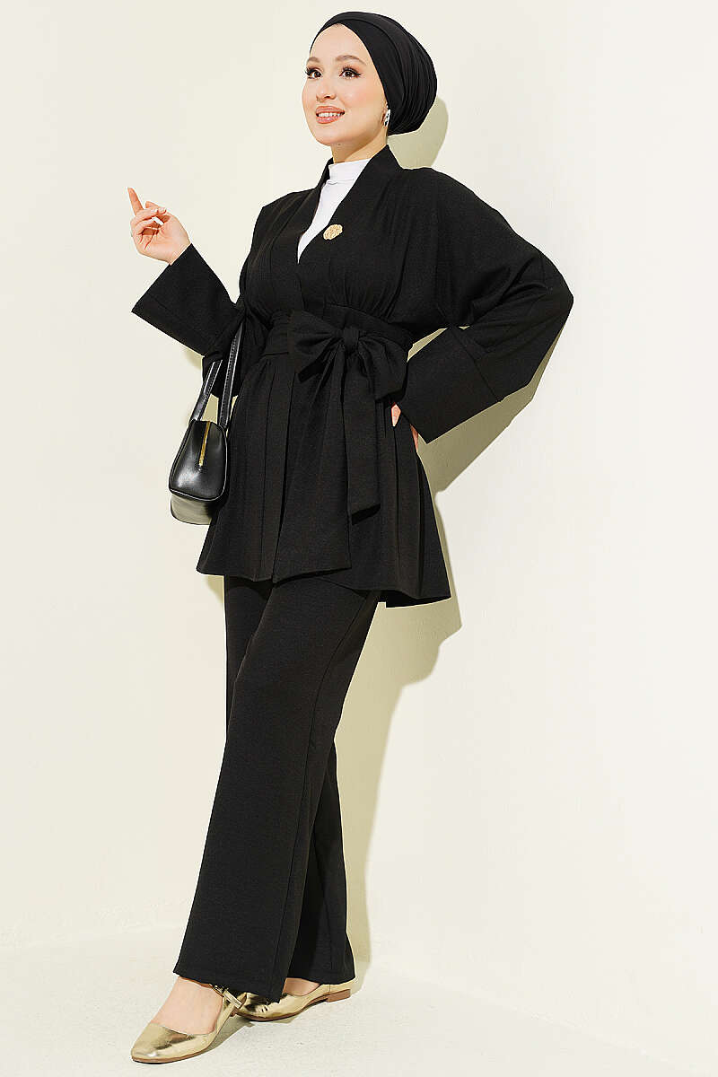 Kimono Two-Piece Set with Self Belt - Black