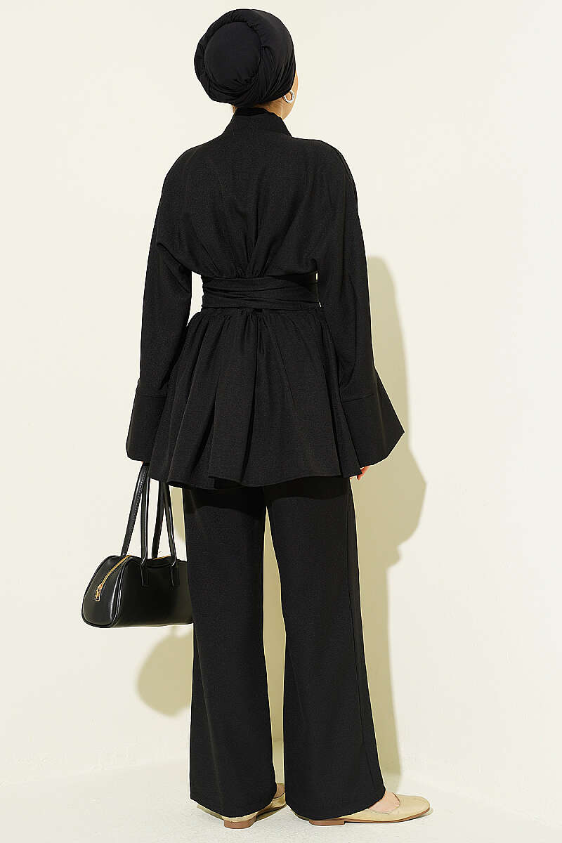 Kimono Two-Piece Set with Self Belt - Black