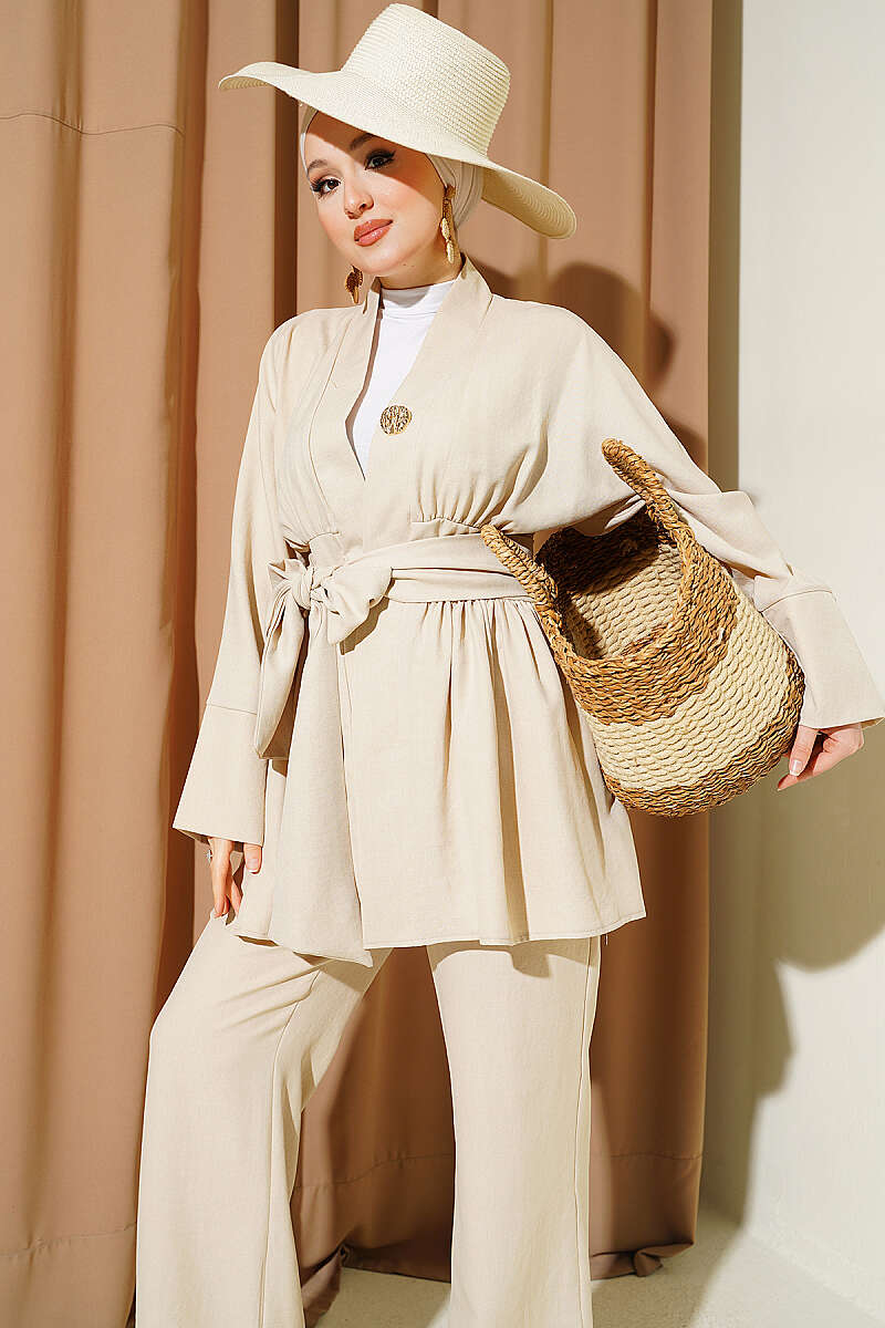 Kimono Two-Piece Set with Self Belt - Stone