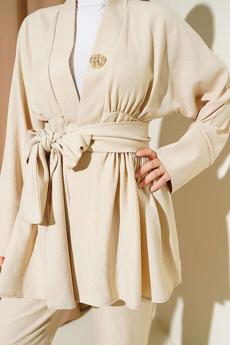 Kimono Two-Piece Set with Self Belt - Stone
