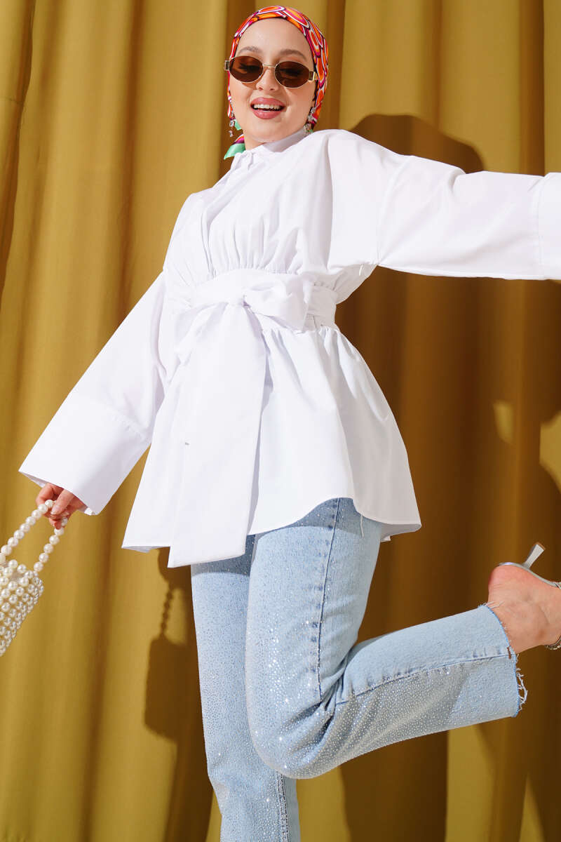 Tunic with Gathered Front and Self Belt - White