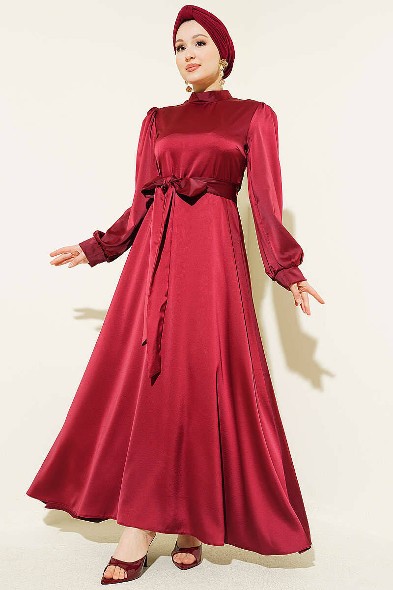 Satin Evening Dress with Self Belt - Burgundy