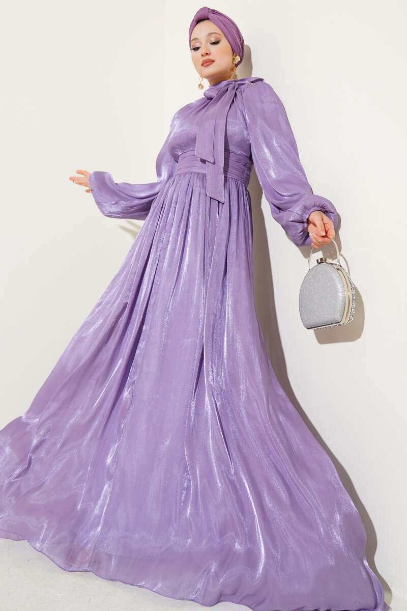 Belted Evening Dress with Self Collar - Lilac