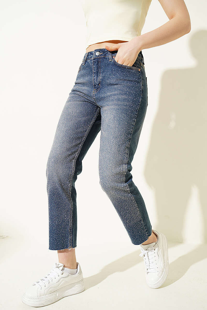 Cropped Slim-Leg Jeans with Stones - Dark Blue