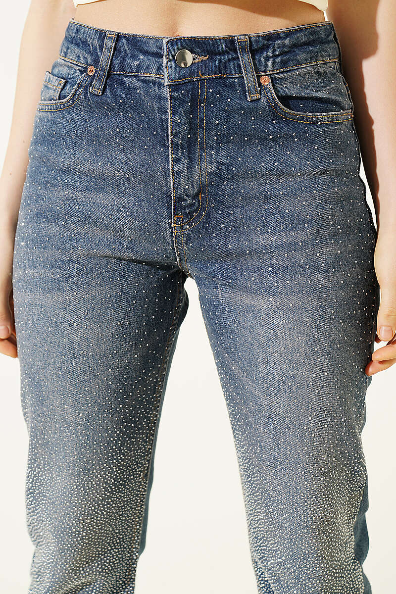 Cropped Slim-Leg Jeans with Stones - Dark Blue