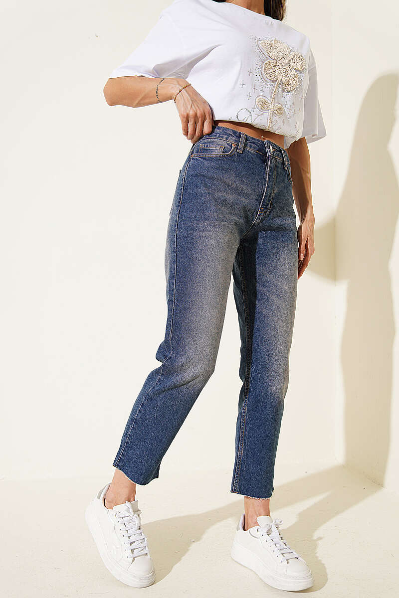 Slim-Leg Cropped Jeans with Stones - Dark Blue