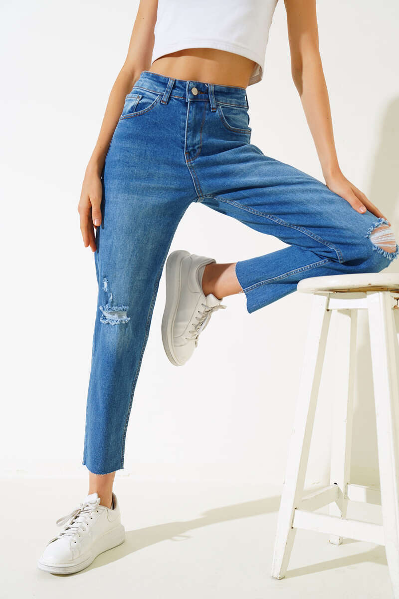 Cropped Laser-Finish Jeans - Blue