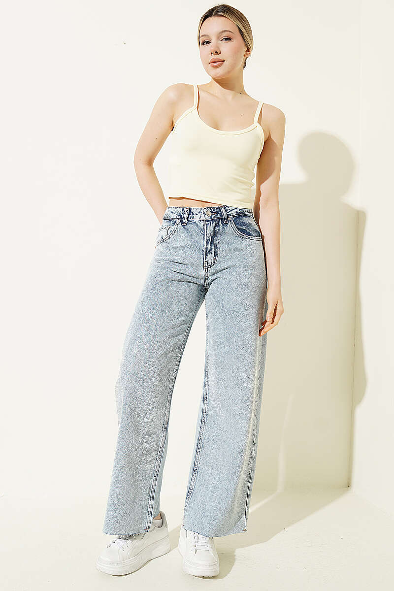 Raw-Hem Palazzo Trousers with Stone Detail - Light Wash