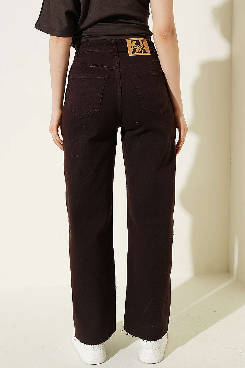 Raw-Hem Palazzo Trousers with Stone Detail - Brown