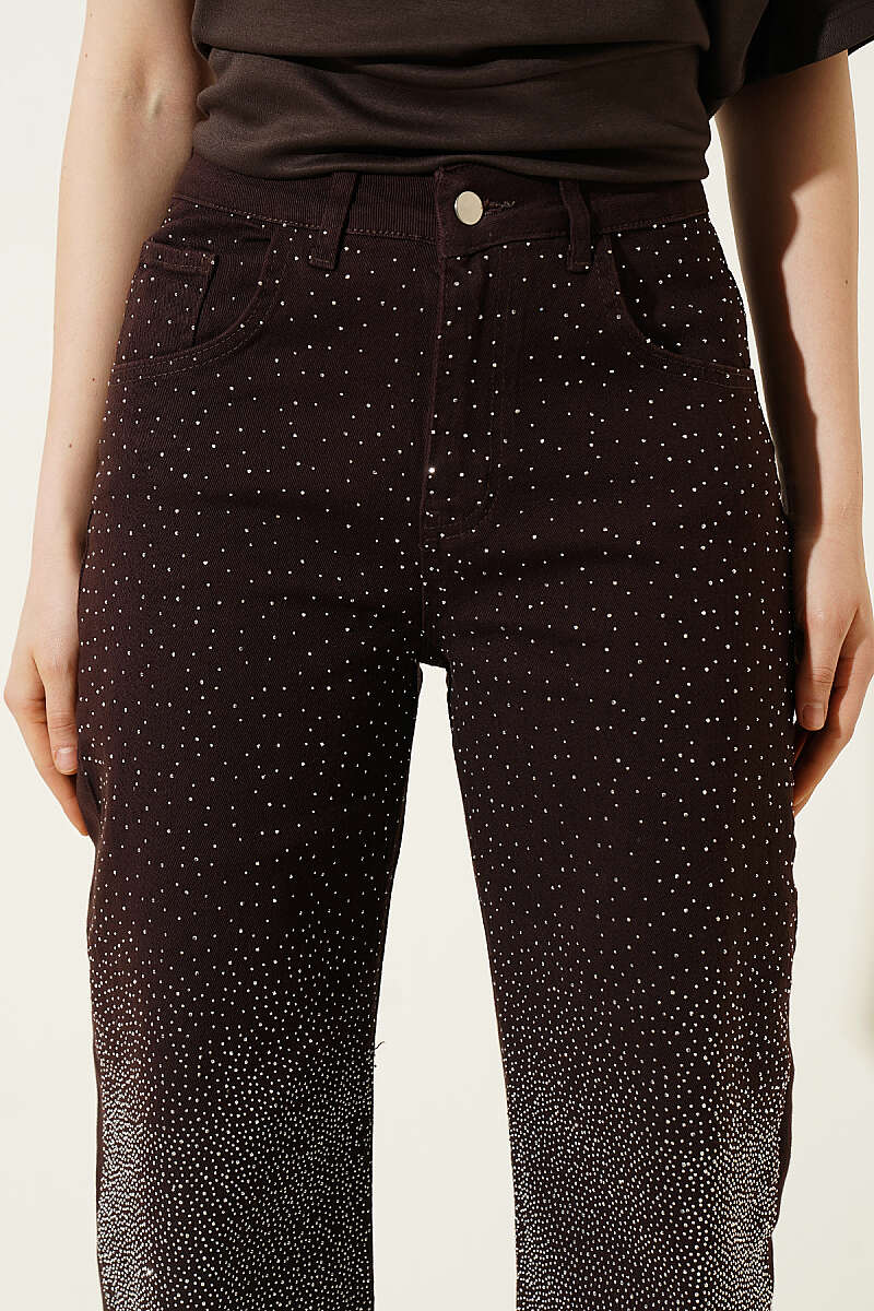 Raw-Hem Palazzo Trousers with Stone Detail - Brown