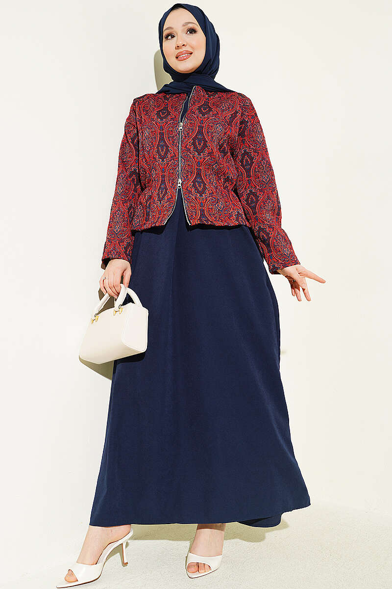 Kilim Print Pinafore Set with Jacket - Navy