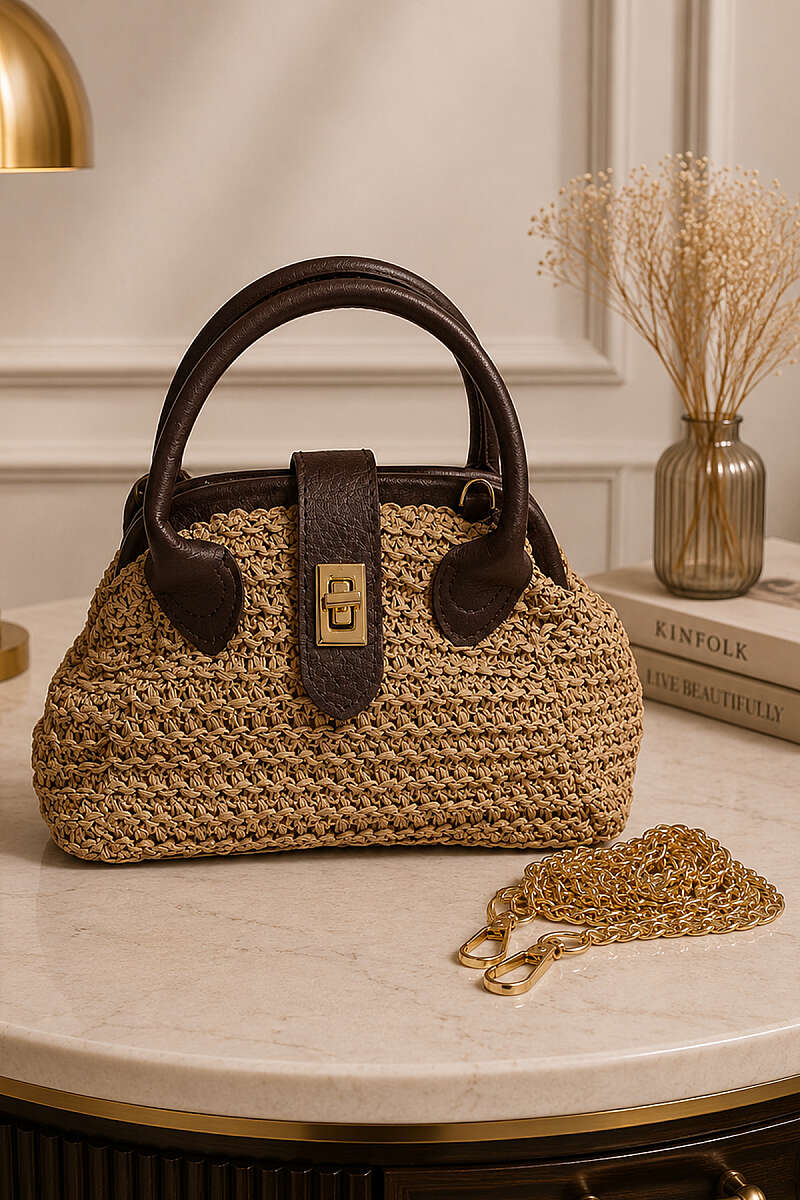 Straw Bag with Lock Detail - Dark Brown