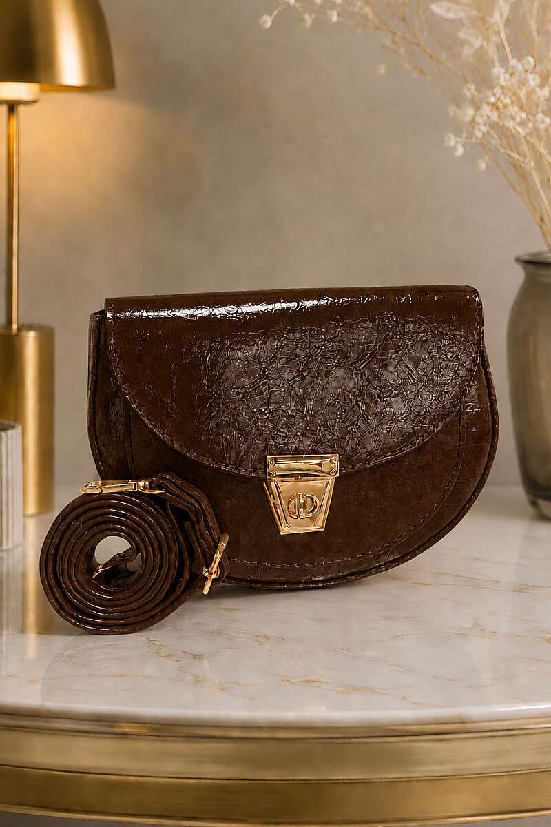 Oval Patent Bag with Lock Detail - Dark Brown