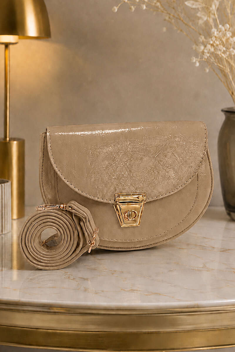 Oval Patent Bag with Lock Detail - Beige